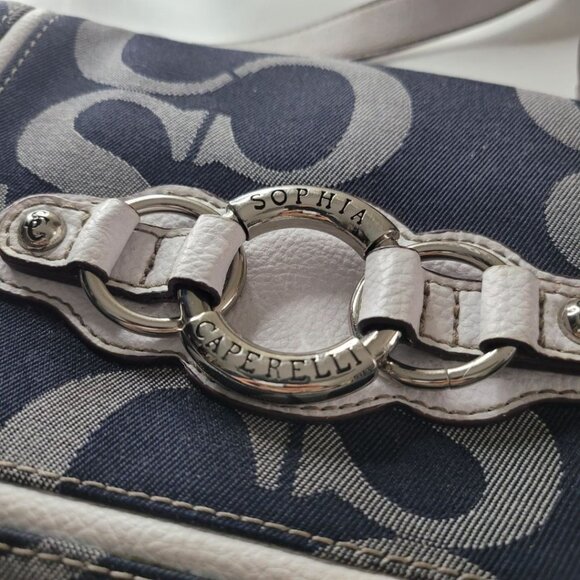 Sophia Caperelli Large Crossbody Shoulder Bag Blue White Pockets Magnet Purse - Picture 10 of 14